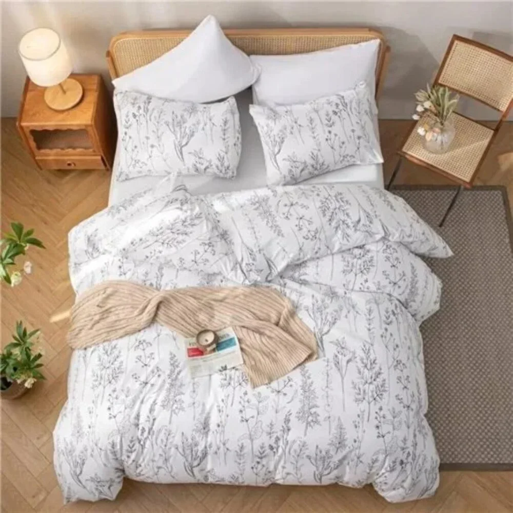 3pcs White Comforter Set,Soft Microfiber Bedding Plant Flowers Printed Comforter